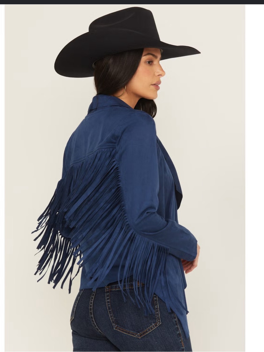 Shyanne Navy Blue faux Suede fringe w pockets western cascade front jacket NWOT